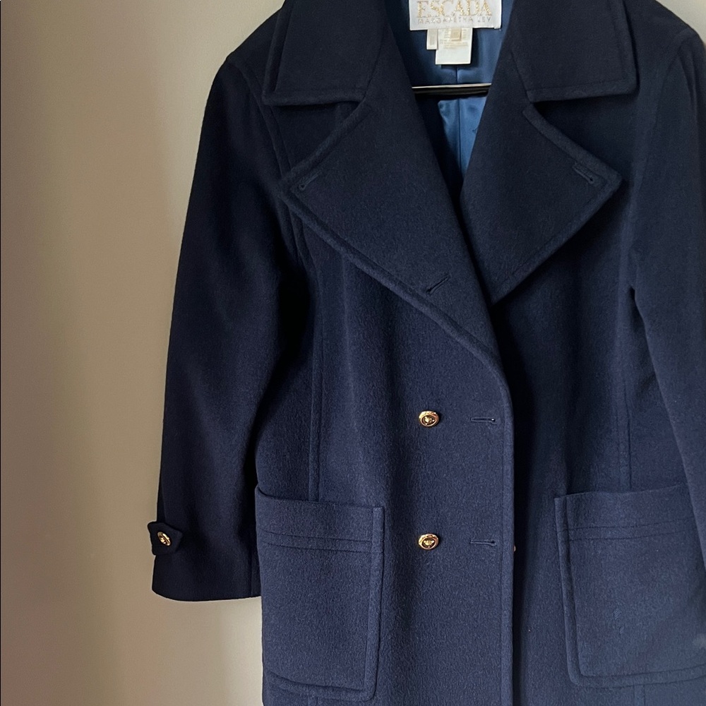 Escada Navy Pea Coat with Gold Buttons